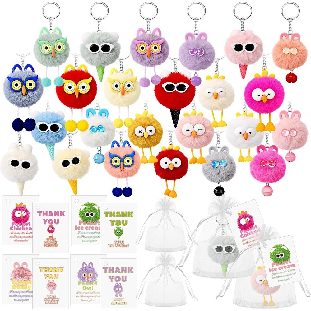 24pcs Cute Plush Keychains - Chicken, Ice Cream, Owl, Bunny!!